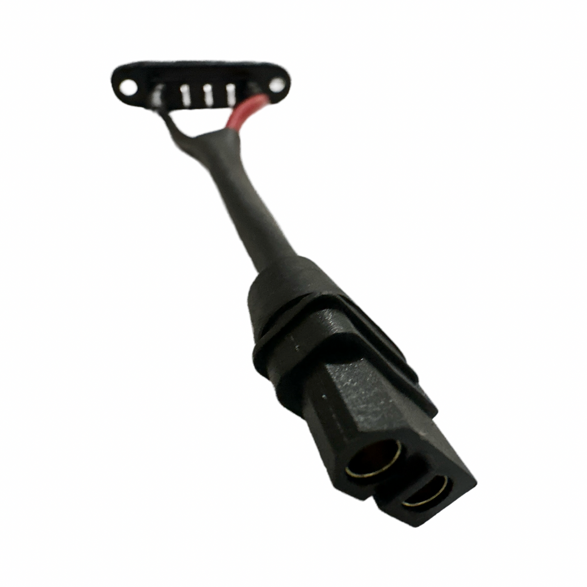 A close-up of the ElectricAllWheel Factory External Battery XT60 Adapter for Lectric Fit 1.0/2.0/3.0/lite, showing its black connector cable with two metal contact points and a rectangular mounting plate on a white background.