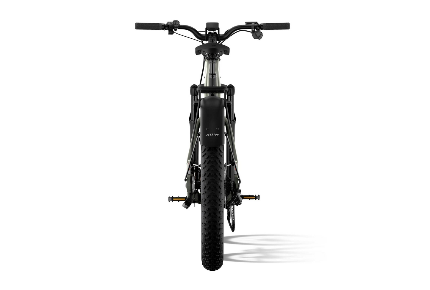 Front view of the Aventon - Aventure M by Tampa Bay eBikes, showcasing its wide off-road tire, handlebars, and headlight against a white background—ideal for riders seeking high-torque fat tire eBike performance.