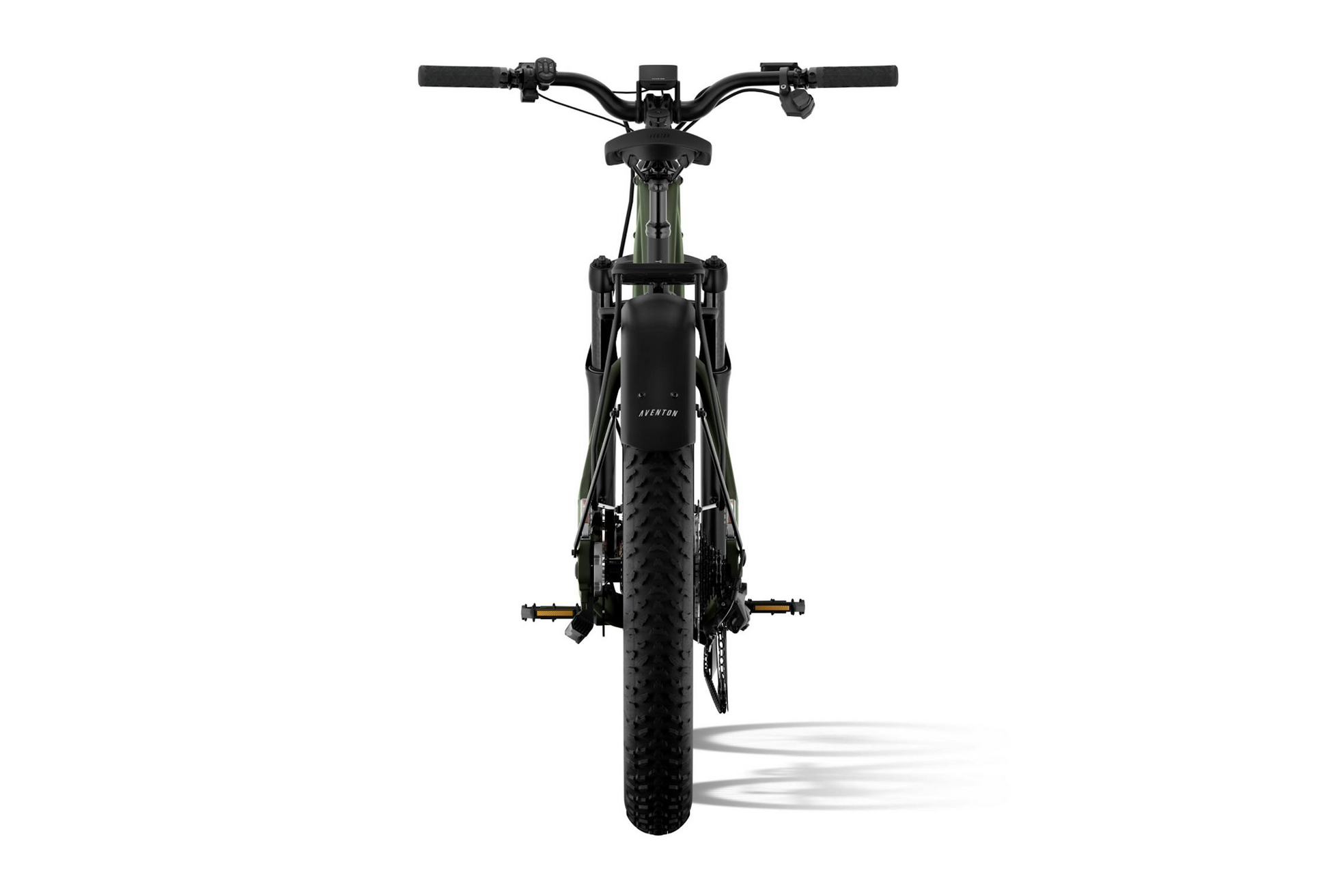 A front view of the Tampa Bay eBikes Aventon - Aventure M mid-drive fat tire eBike, with wide handlebars, a thick treaded front tire, and visible front suspension, highlights its high-torque performance against a white background.