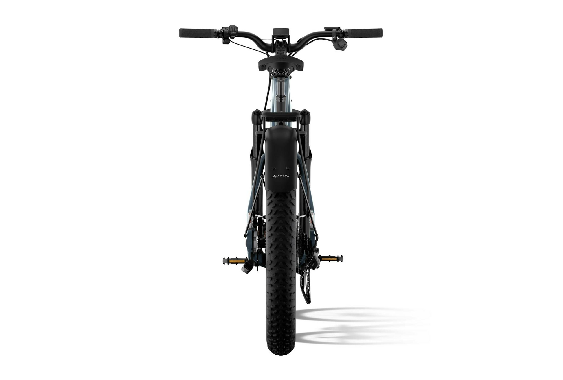 Front view of the Tampa Bay eBikes Aventon - Aventure M mid-drive fat tire eBike, featuring thick tires, flat handlebars, and foot pegs against a white background.