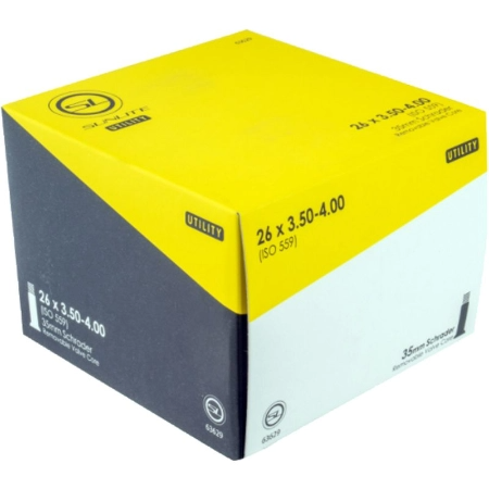 A box of Tube - 26 x 4 bicycle inner tubes from Tube, with black, yellow, and white packaging.