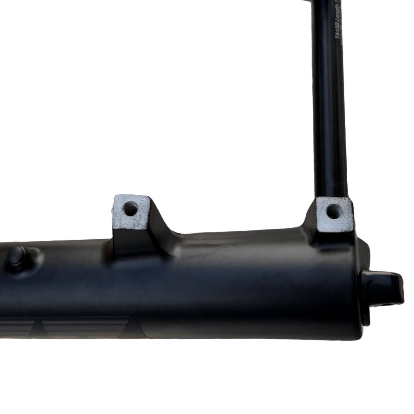 Close-up of the ElectricAllWheel RST Guide Dual Crown Fork (26” Fat Tire) with two mounts and a tubular motorcycle-style LED headlight kit (12V, 2-pin Julet), ideal for fat tire e-bikes, on a white background.