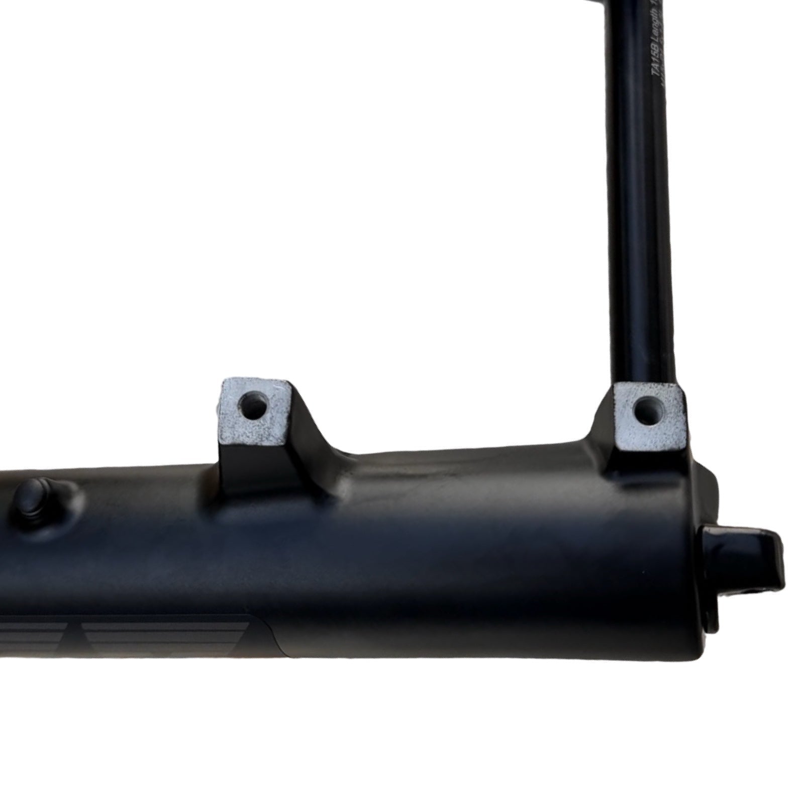 Close-up of the ElectricAllWheel RST Guide Dual Crown Fork (26” Fat Tire) with two mounts and a tubular motorcycle-style LED headlight kit (12V, 2-pin Julet), ideal for fat tire e-bikes, on a white background.