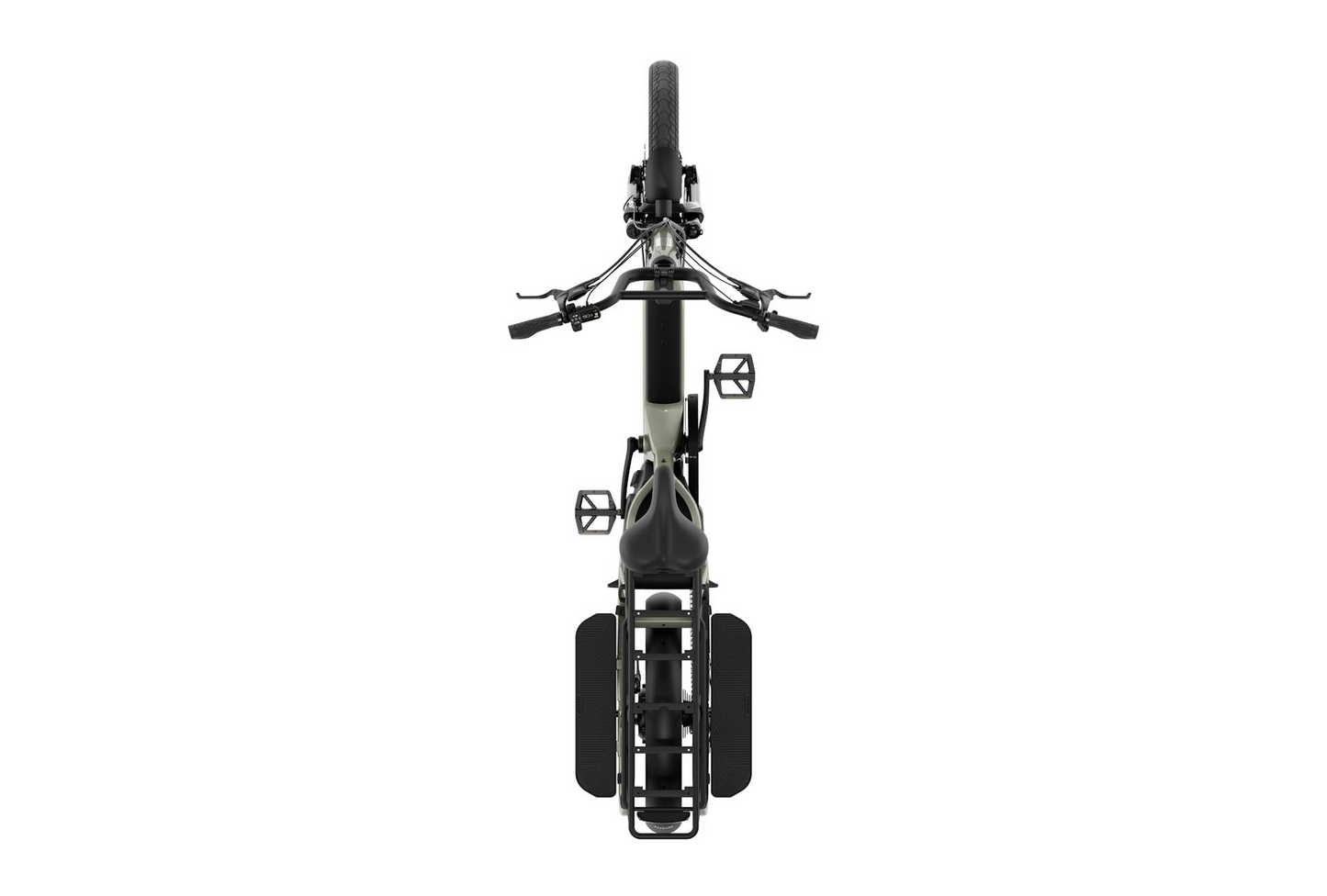 Top view of an Aventon - Abound LR cargo e-bike by Aventon featuring black handlebars, pedals, front wheel, and a rear cargo rack, isolated on a white background.
