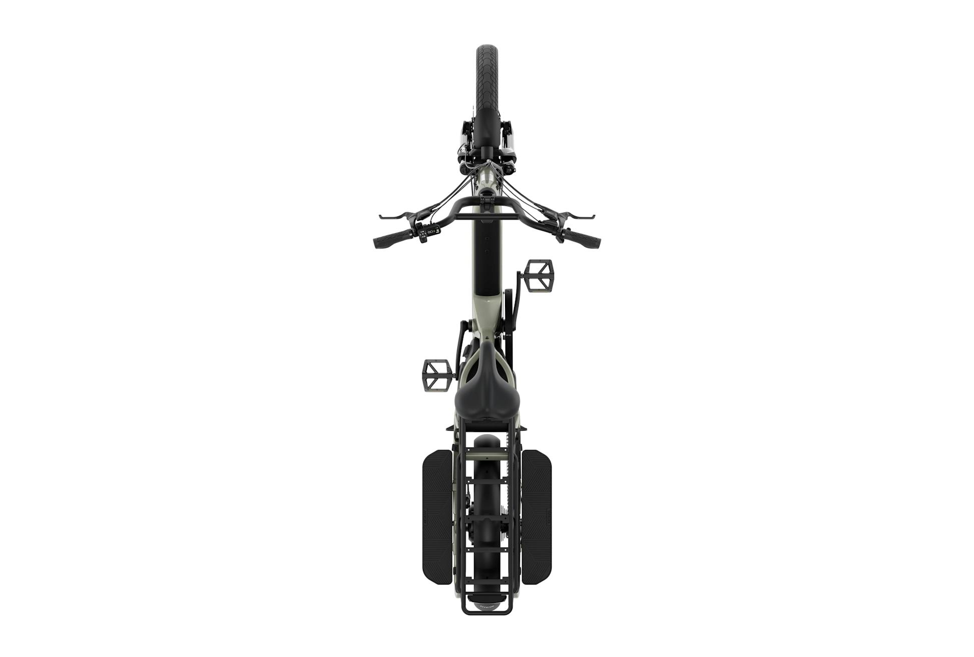 Top view of an Aventon - Abound LR cargo e-bike by Aventon featuring black handlebars, pedals, front wheel, and a rear cargo rack, isolated on a white background.