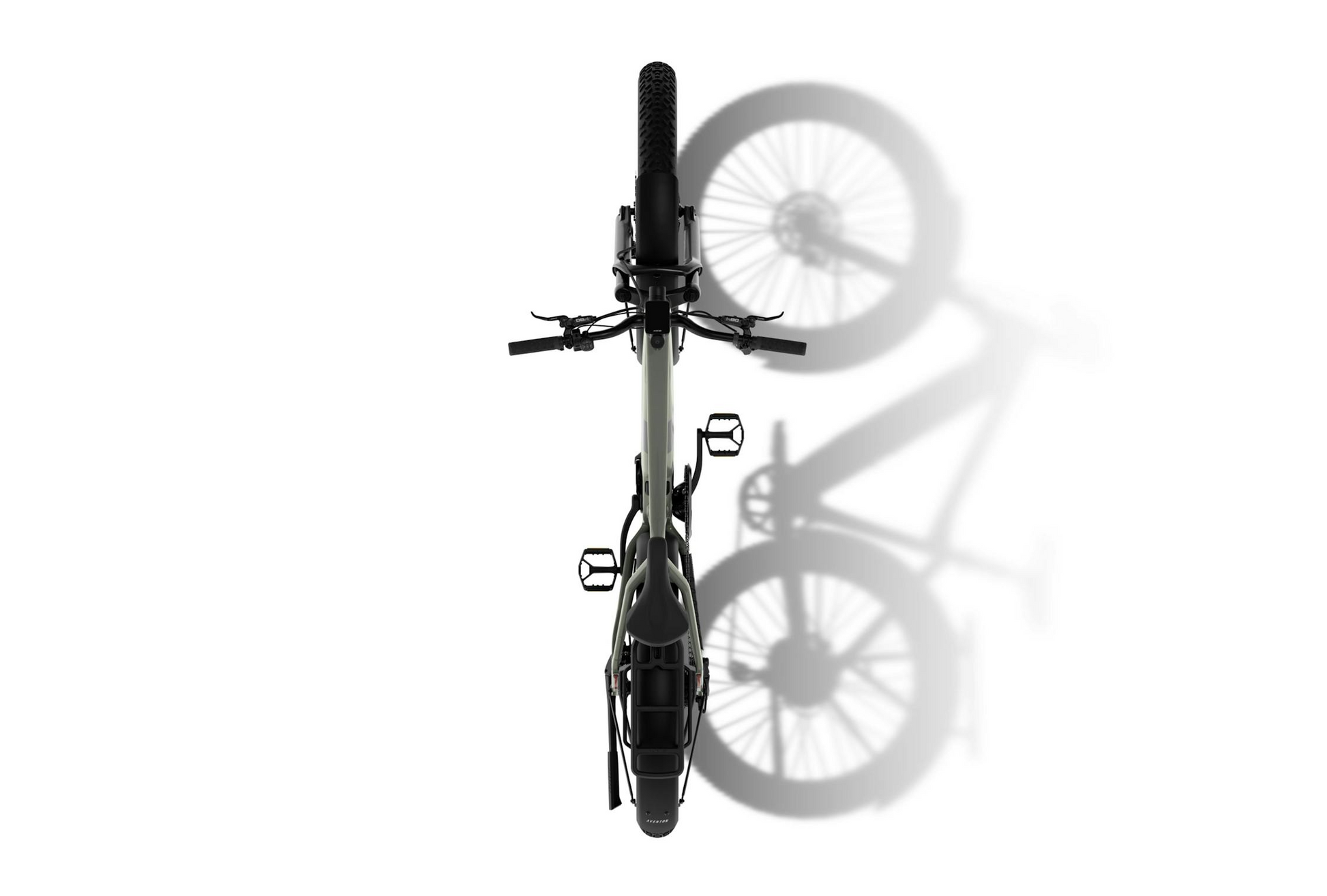 Overhead view of the Aventon - Aventure M by Tampa Bay eBikes, a mid-drive fat tire eBike with its shadow cast right on a white background, showcasing its high-torque performance.