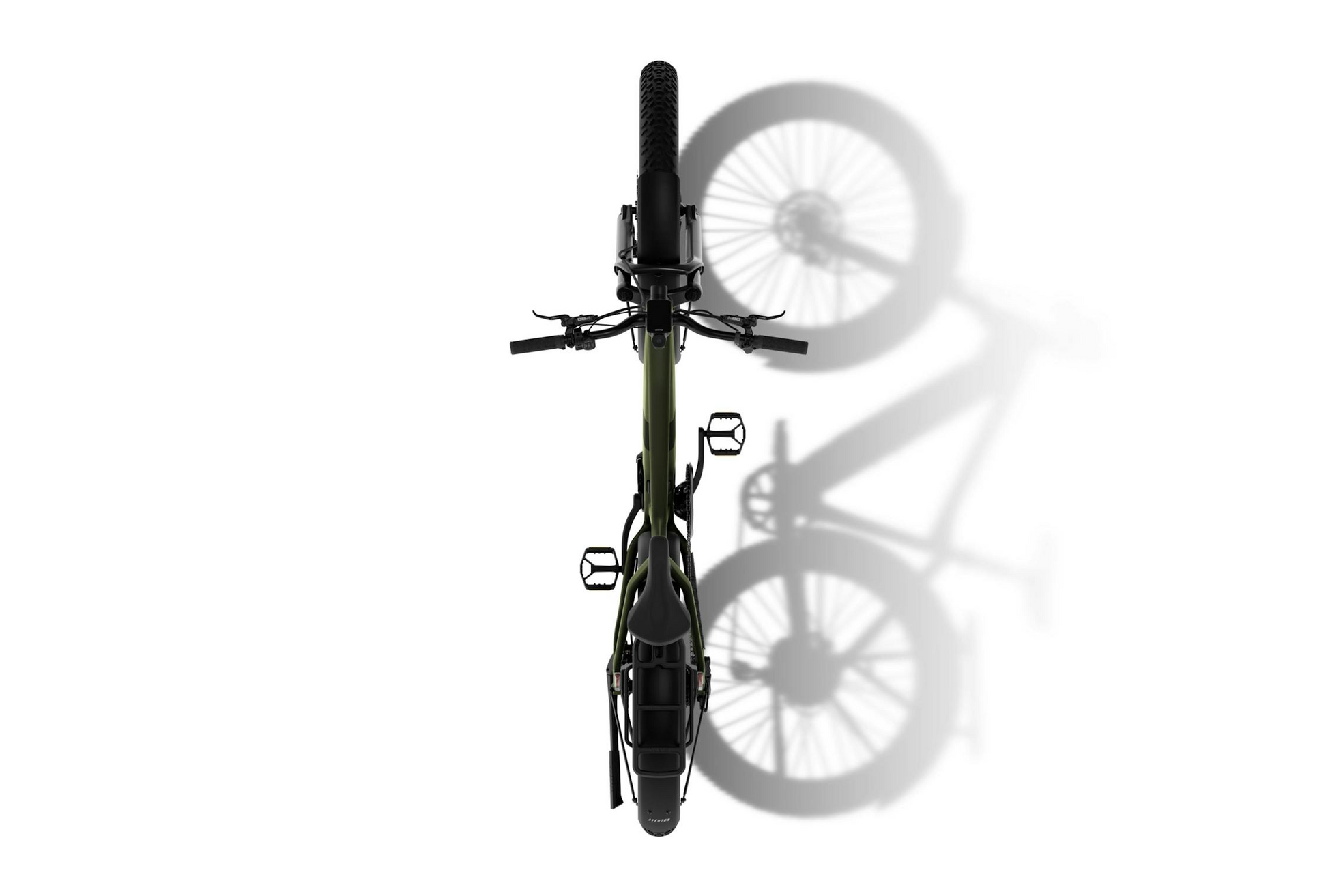 Top-down view of the Tampa Bay eBikes Aventon - Aventure M fat tire eBike casting a shadow on white, showcasing its handlebars, tires, pedals, and frame for a sleek high-torque performance appearance.