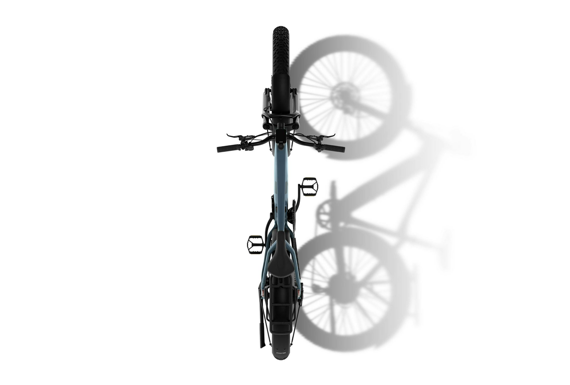 Top-down view of the Aventon - Aventure M mid-drive fat tire eBike by Tampa Bay eBikes, with its shadow cast on a white background.