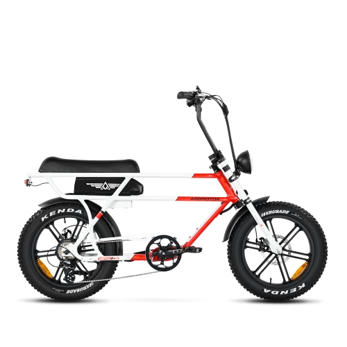 Addmotor Electric bicycle with a white and red frame and a long padded banana seat on a white background.
