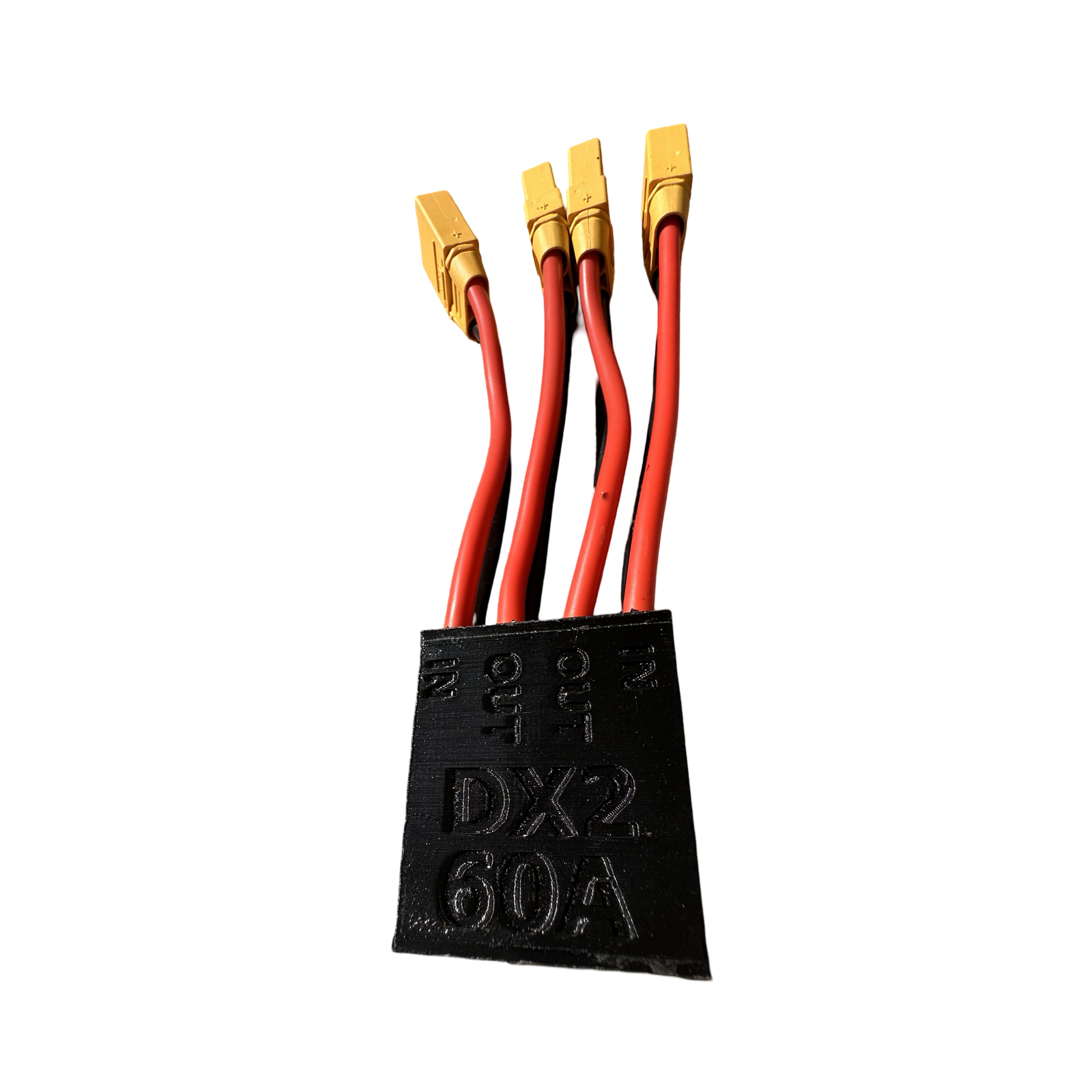 A black ElectricAllWheel DateX2 DX2 60A (90A MAX) Universal Dual Battery Dual Output Discharge Balancer, with four red and black wires ending in gold XT90 connectors, is shown on a white background.