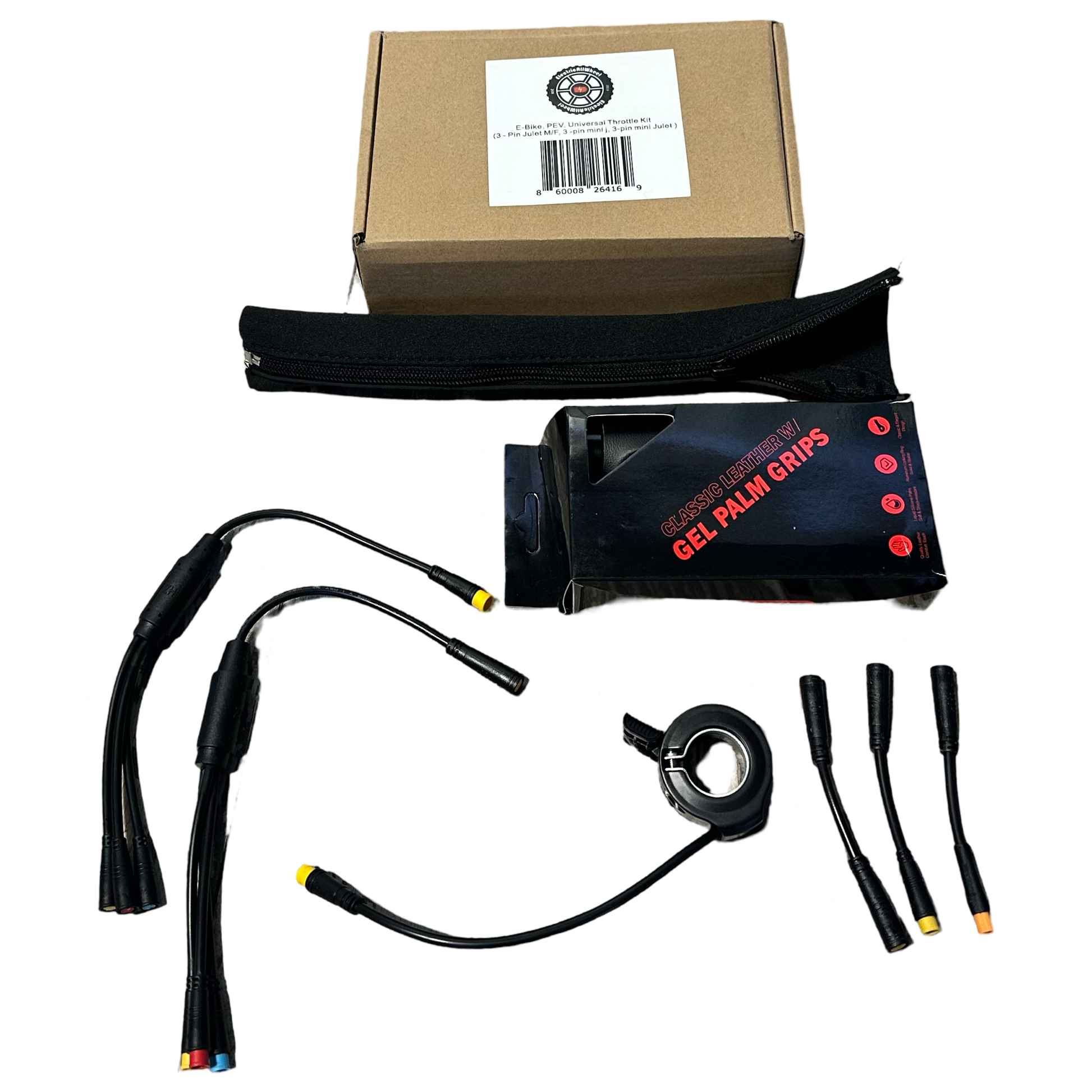 ElectricAllWheel Universal Throttle Harness Kit for E-Bikes (3-pin Julet M/F, 3-pin mini j, mini Julet), gel palm grips, a zippered pouch, and a barcode box are neatly arranged on a white background.