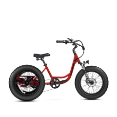 The Addmotor LANDTAN M-300 is a red electric bicycle with fat tires and a step-through frame, equipped with a powerful 750W rear motor and an Addmotor battery, displayed in profile with a sleek black seat.