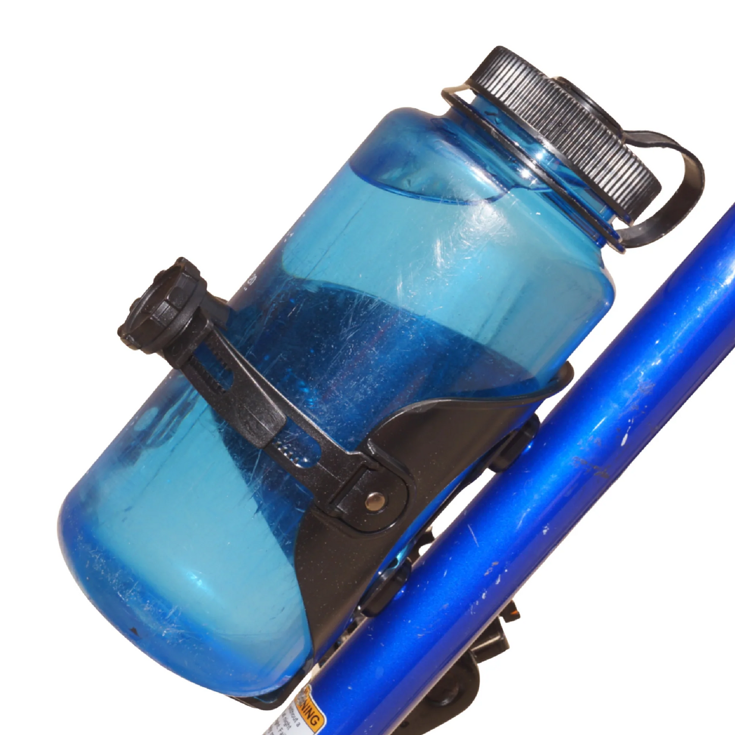 A blue water bottle secured in a Bikase Adjustable Drink Holder - ABC BIKASE, attached to the frame of a blue bicycle.