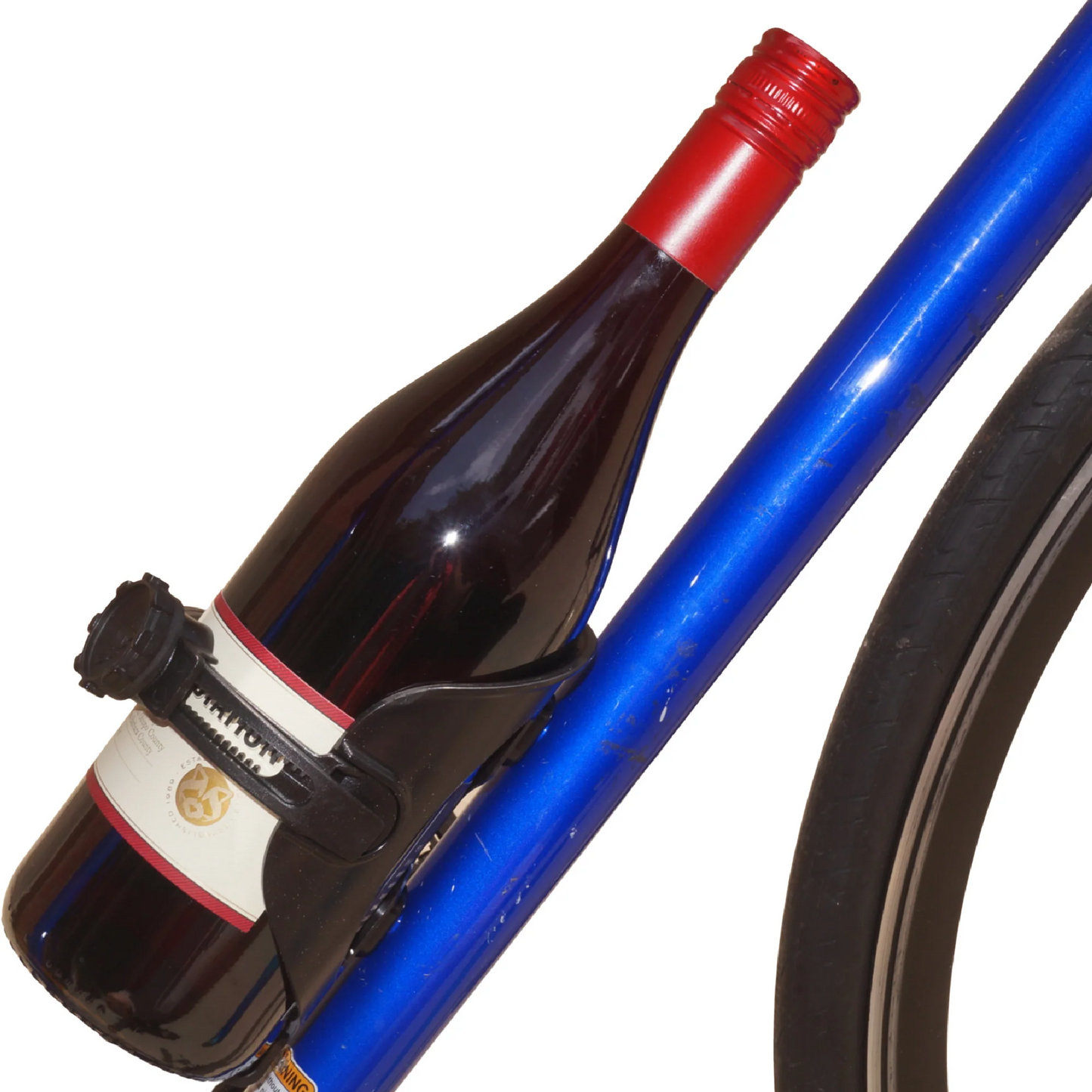 A bottle of wine secured in an Adjustable Drink Holder - ABC BIKASE by Bikase, attached to the frame of a blue bicycle.