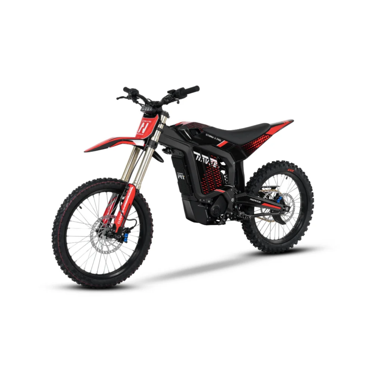 The Navee Storm X Pro by Navee is a red and black electric dirt bike with a 17KW mid-drive motor, knobby tires, front and rear suspension, and a minimalist frame, pictured on a white background for standout off-road performance.