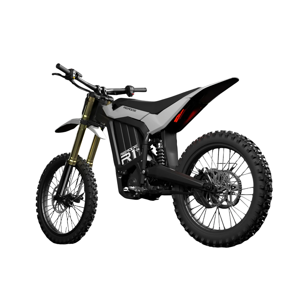 RERODE R1+ Electric Dirt Bike rear three-quarter view with Light Grey decals