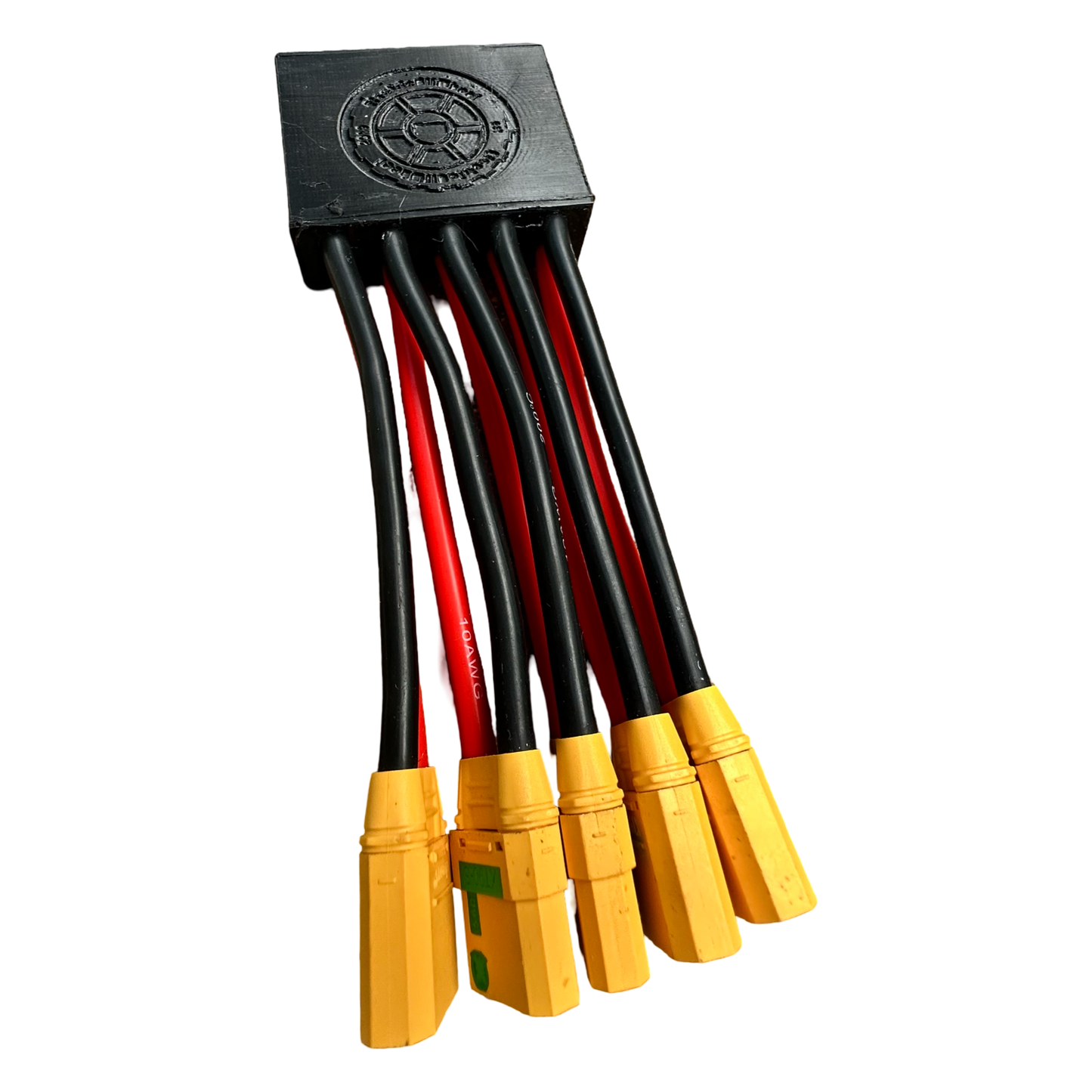 The ElectricAllWheel DateX2 Dx3 60A (90A Max) Universal Triple Battery Dual Output Discharge Balancer is a black splitter block with six wires ending in yellow XT60 connectors, ideal for efficient e-bike power distribution.