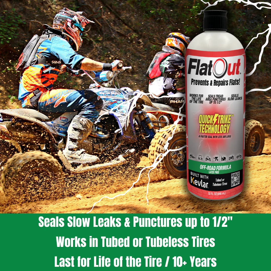 Two individuals ride off-road vehicles while a canister of Multi Seal FlatOut - QuickStrike Off-Road 32oz tire sealant is displayed in the foreground. Text highlights the sealant's benefits: preventing flats with Kevlar fibers, working with tubed or tubeless tires, and lasting over 10 years.