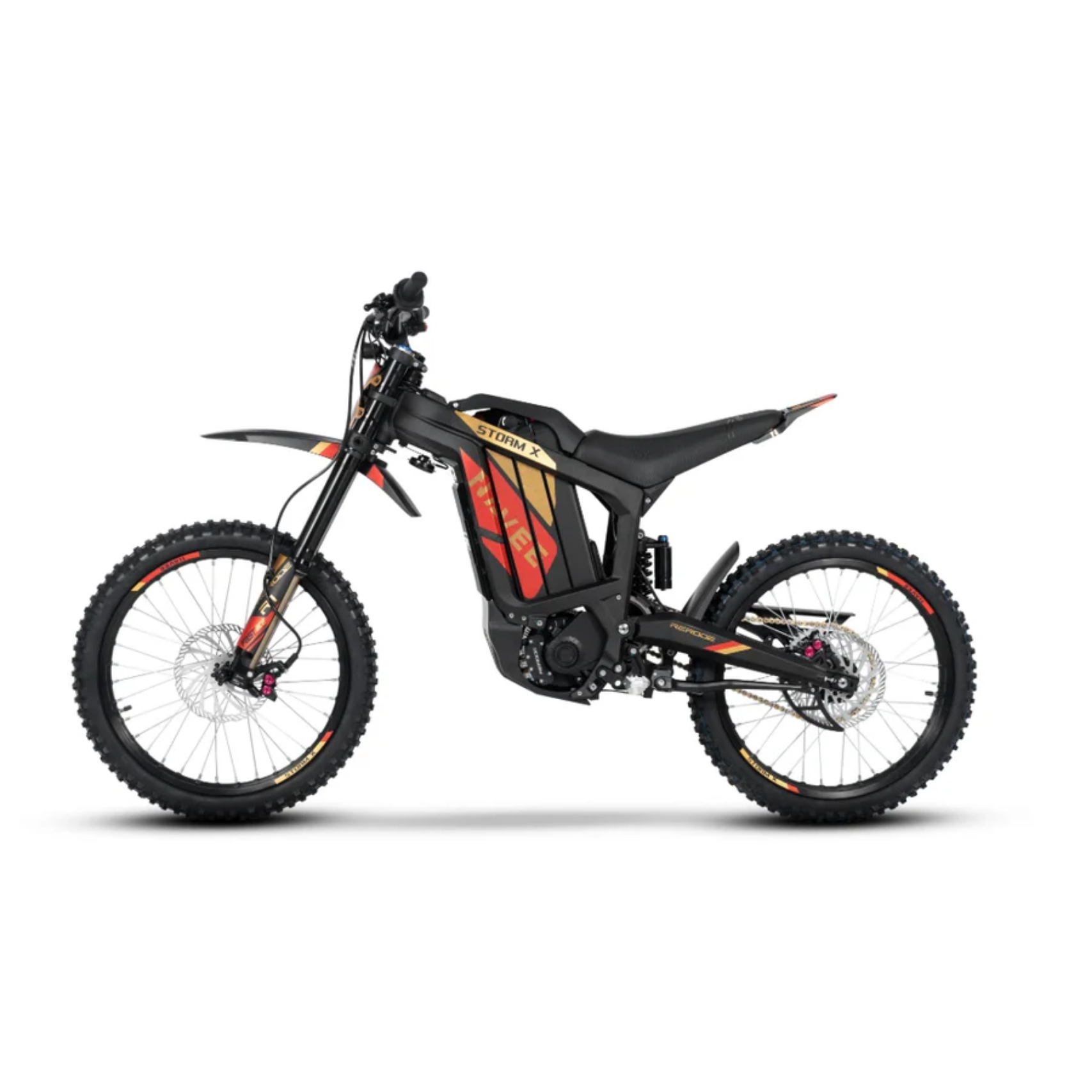 The Navee Storm X by Navee is an electric dirt bike with black and orange accents, knobby tires, disc brakes, and a minimalist frame—highlighting strong off-road performance in a sleek side profile.