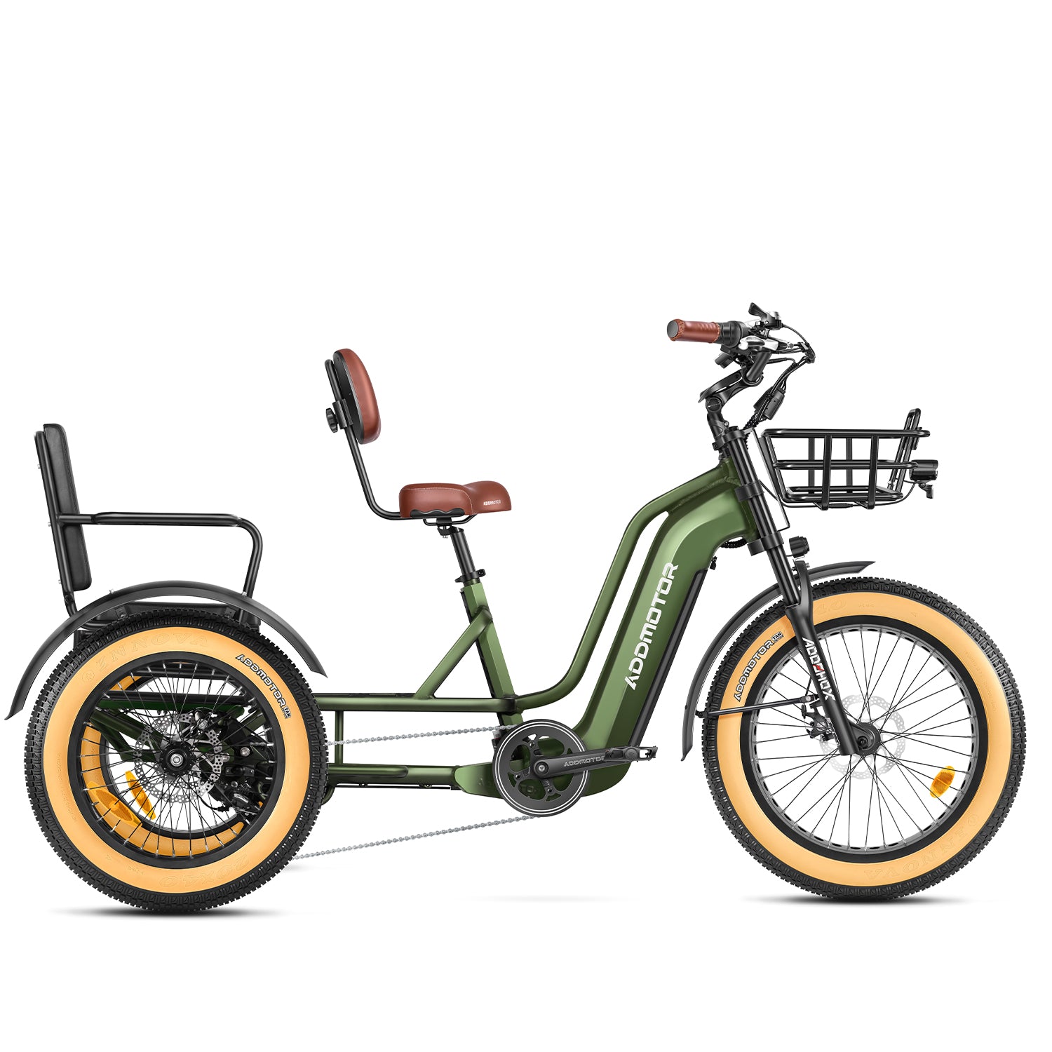 Introducing the Addmotor - GreatTan L Dual-Battery by Addmotor: a green electric trike with one front wheel and two rear wheels. It features a basket on the handlebar, a cushioned passenger seat with a backrest, and a cargo rack at the rear.