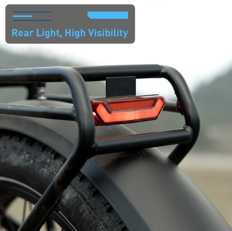 Close-up of the Hiboy - EX11 commuter e-bike’s rear rack with a bright red rear light; text overlay states "Rear Light, High Visibility" from Hiboy.