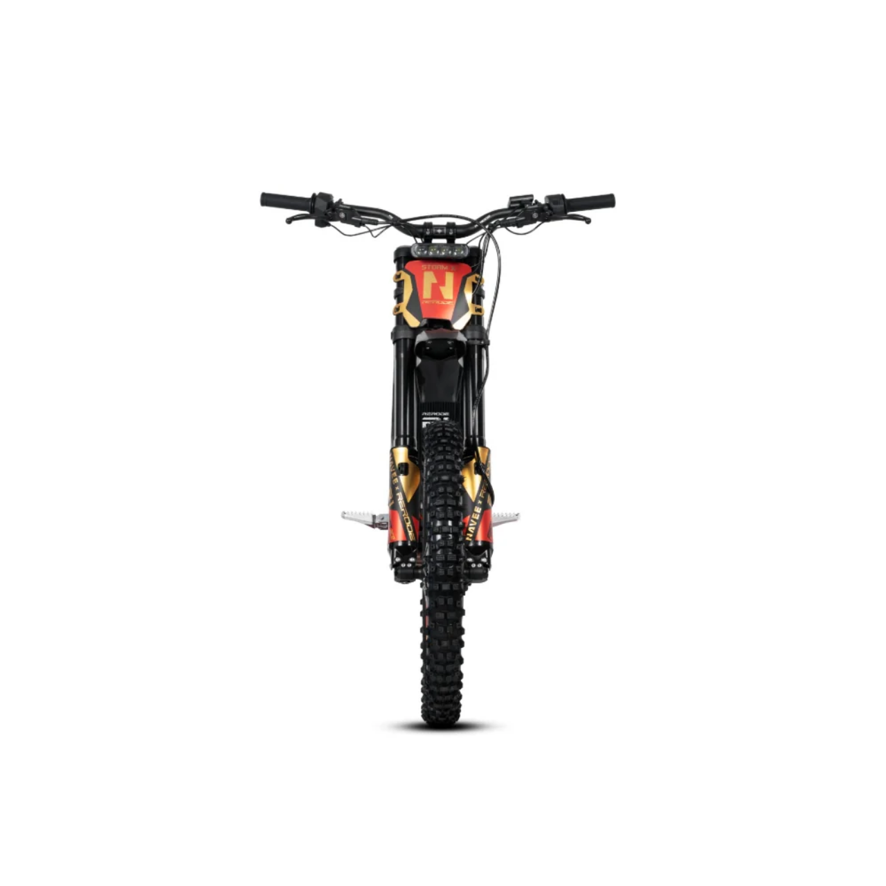 Front view of the Navee Storm X by Navee, a black and red electric dirt bike with knobby tires, handlebars, and number plate, highlighting off-road performance. Isolated on a white background.