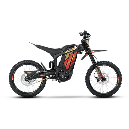 Side view of a black and red Navee Storm X electric dirt bike by Navee, featuring off-road tires and a minimalist frame for top off-road performance.