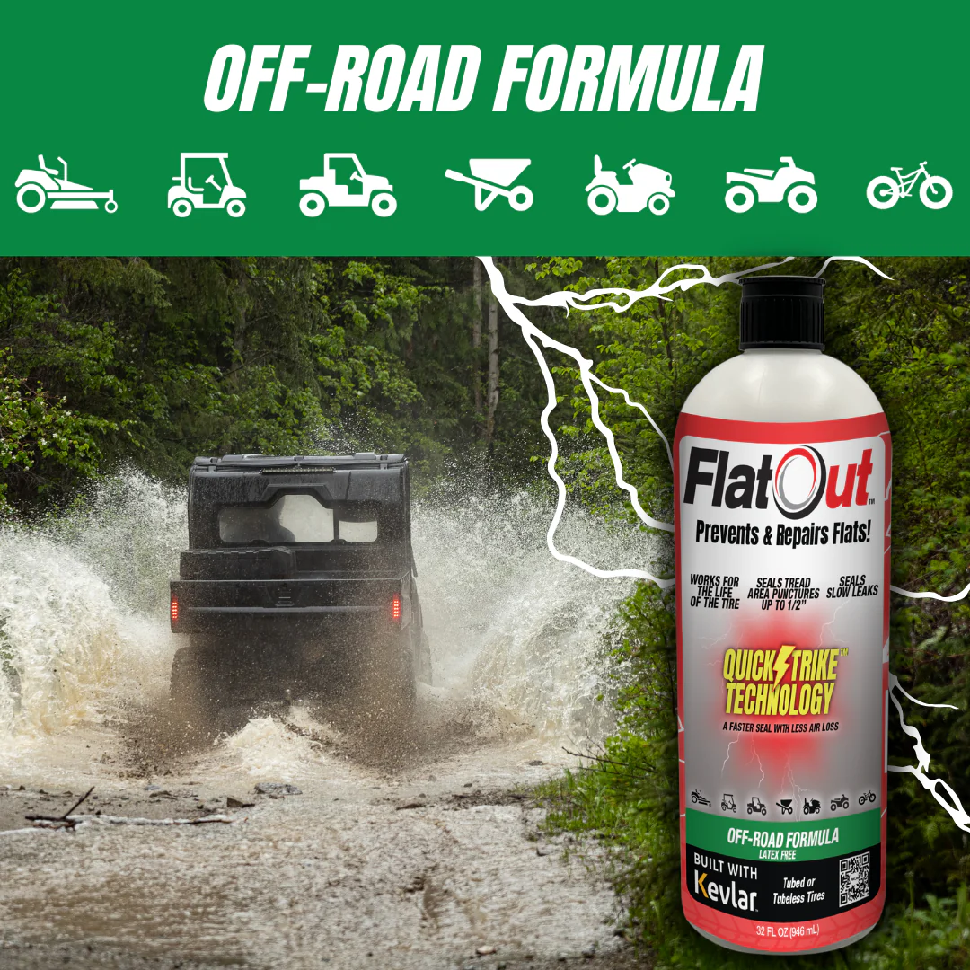 A bottle of FlatOut - QuickStrike Off-Road 32oz tire sealant by Multi Seal is displayed, set against a background featuring an off-road vehicle navigating through muddy terrain. Icons of various vehicles, enhanced with Kevlar fibers for increased durability, are prominently shown at the top.