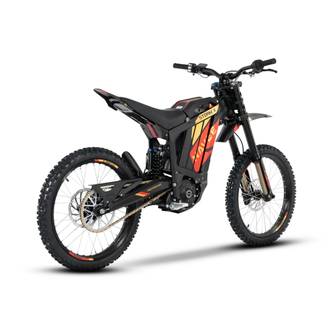 The Navee Storm X by Navee is a black and yellow electric dirt bike with off-road tires, upright handlebars, and a minimalist design—photographed on a white background, ideal for off-road adventures from Tampa Bay eBikes.