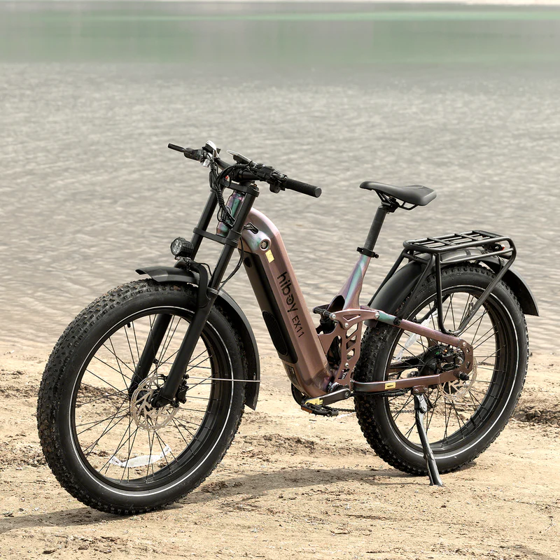 The Hiboy - EX11 electric bike by Hiboy, featuring a 750W motor, fat tires, and a rear cargo rack, is parked on sand beside a body of water.