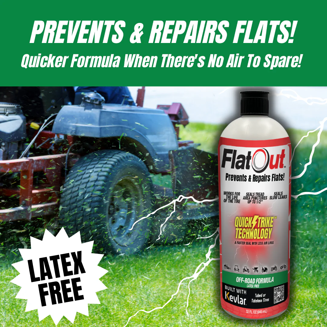 Image of Multi Seal's FlatOut - QuickStrike Off-Road 32oz tire sealant bottle on a background featuring a lawn mower, with text indicating it prevents and repairs flat tires using Kevlar fibers and FlatOut QuickStrike technology, and is latex-free.