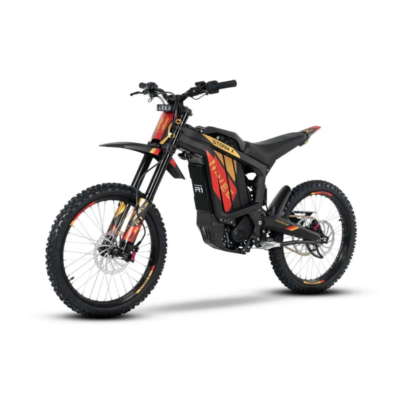 The Navee Storm X by Navee features a black and red design, knobby tires, front and rear suspension, and a central battery for top off-road performance. Get yours now at Tampa Bay eBikes.