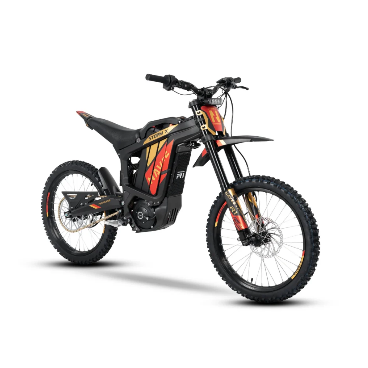 The Navee Storm X by Navee is a black and red electric dirt bike from Tampa Bay eBikes, featuring knobby tires, front and rear suspension, bold striped graphics, and powerful off-road performance.