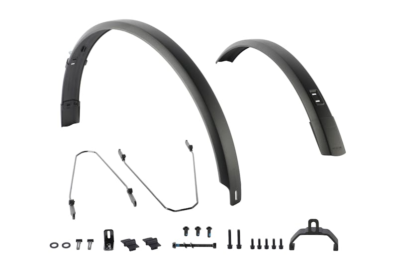 Aventon - Fender Set - Pace 5 REC by Aventon, with mounting hardware like metal stays, screws, bolts, washers, and plastic brackets, is shown on a white background.