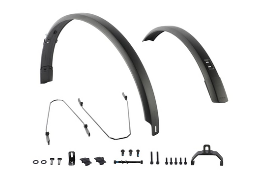 Aventon - Fender Set - Pace 5 REC by Aventon, with mounting hardware like metal stays, screws, bolts, washers, and plastic brackets, is shown on a white background.