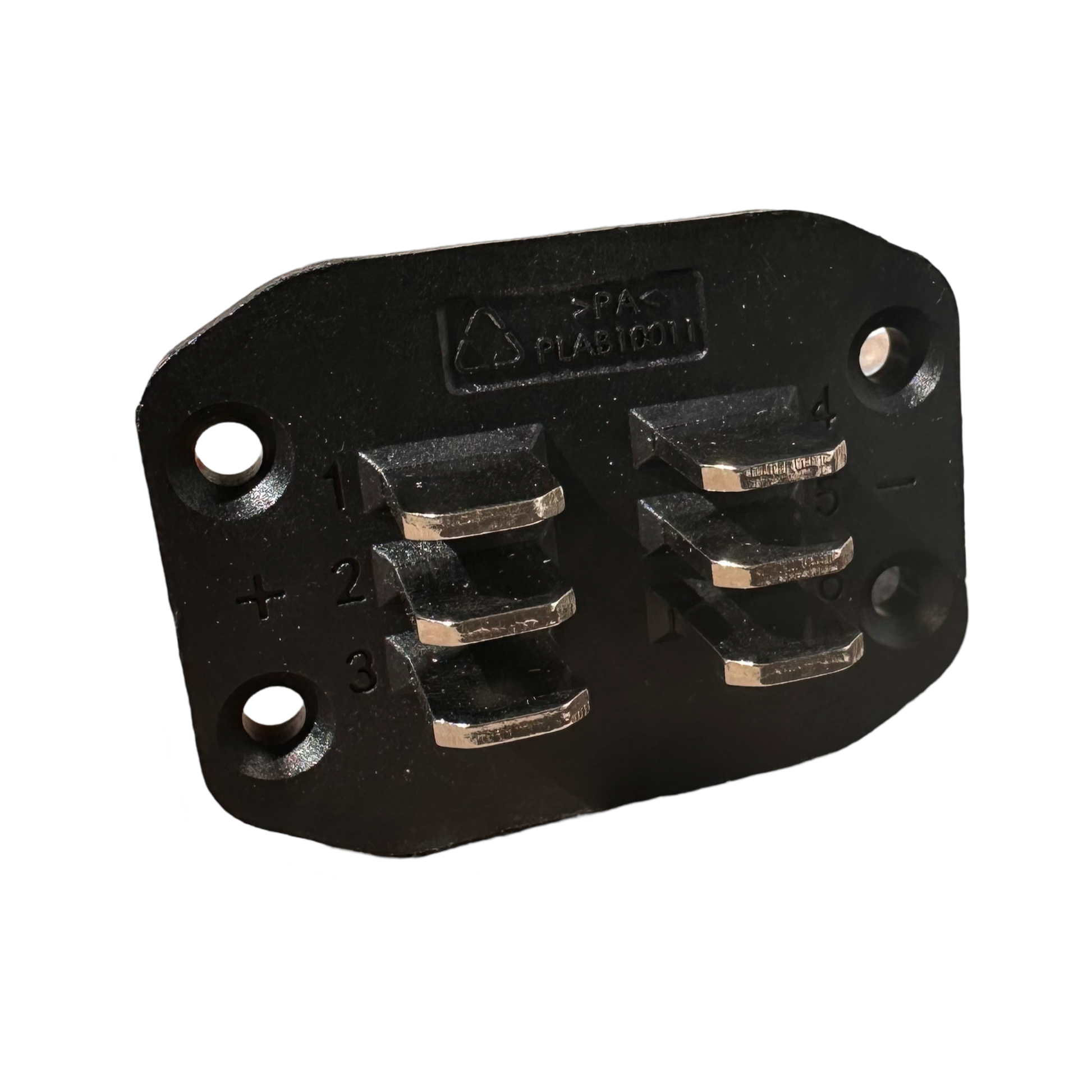 The ElectricAllWheel TFL 6-Pin XT60 Adapter is a black plastic and metal electrical connector with four screw holes, labeled pins, and fits 14AWG silicone wire or an XT60 adapter, shown on a white background.