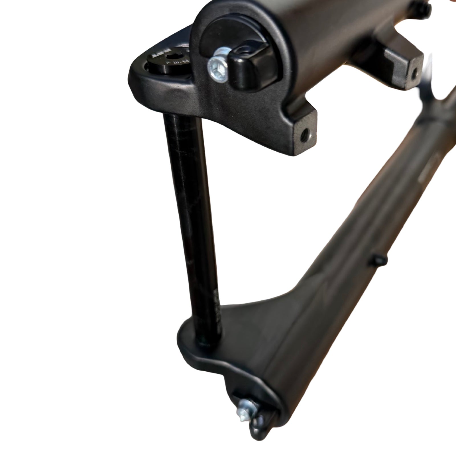 Close-up of ElectricAllWheel’s RST Guide Dual Crown Fork (26” Fat Tire) with a motorcycle style LED Headlight Kit (12V, 2-pin Julet), showing thru-axle and mounting points—perfect for fat tire e-bike front-end upgrades.