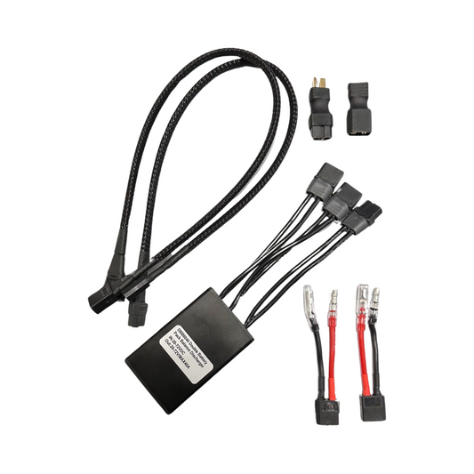 The ElectricAllWheel 40A Universal Dual Battery Balancer Kit (Bullet, T-plug, XT60) features a black control box with splitters and adapters—perfect for plug-and-play e-bike kits—all neatly displayed on a white background.