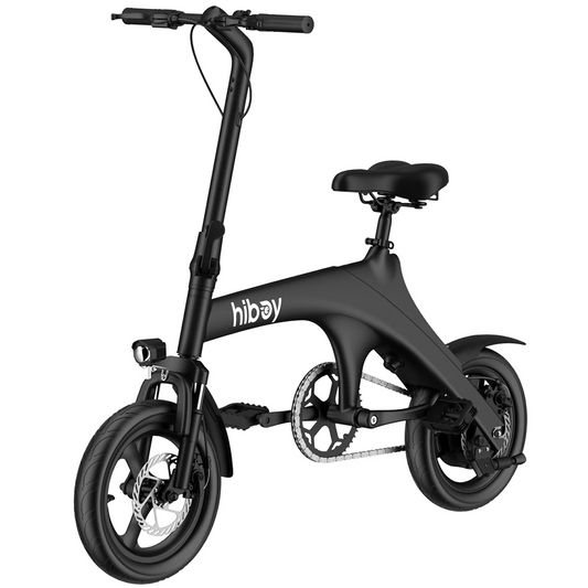 The Hiboy - C1 Folding eBike in black is perfect for city commuting with its sturdy frame, thick tires, and cushioned seat. Equipped with a handlebar featuring brake levers and a small front light, this bike ensures your ride is safe and convenient.