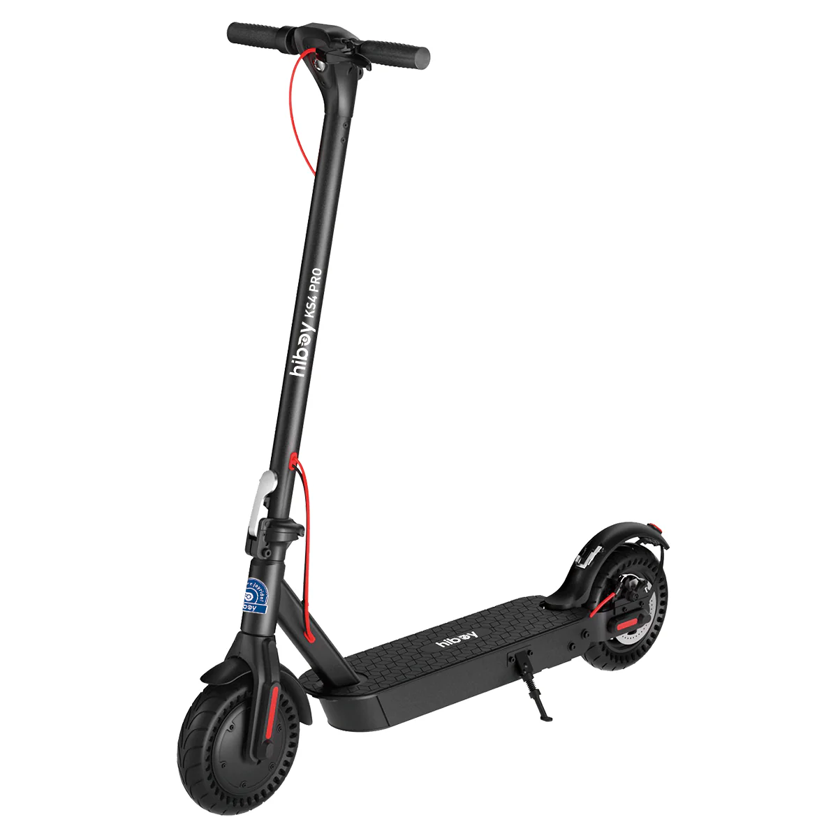 The Hiboy KS4 Pro Electric Scooter is black with red accents and prominently displays the "Hiboy" brand name on the upright handlebar post. It features a black deck, handlebars, and tires, along with a kickstand on the side.