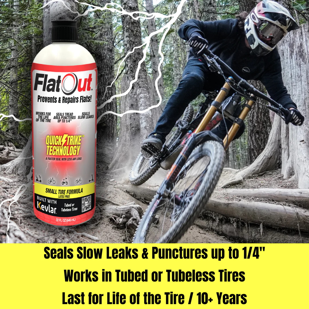 A cyclist rides a mountain bike on a dirt trail. The image features Multi Seal's FlatOut QuickStrike Small Tire 16oz sealant, which claims to seal leaks up to 1/4" thanks to its Kevlar fibers, work in tube or tubeless tires, and last for the tire's life or 10+ years.