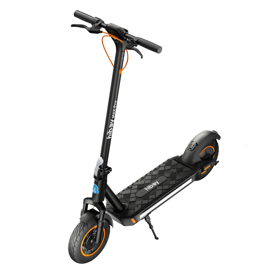 The Hiboy MAX Pro Electric Scooter for Heavy Adults, in black and orange with a textured deck, upright handlebar, front and rear tires, and a kickstand, is shown on a white background.