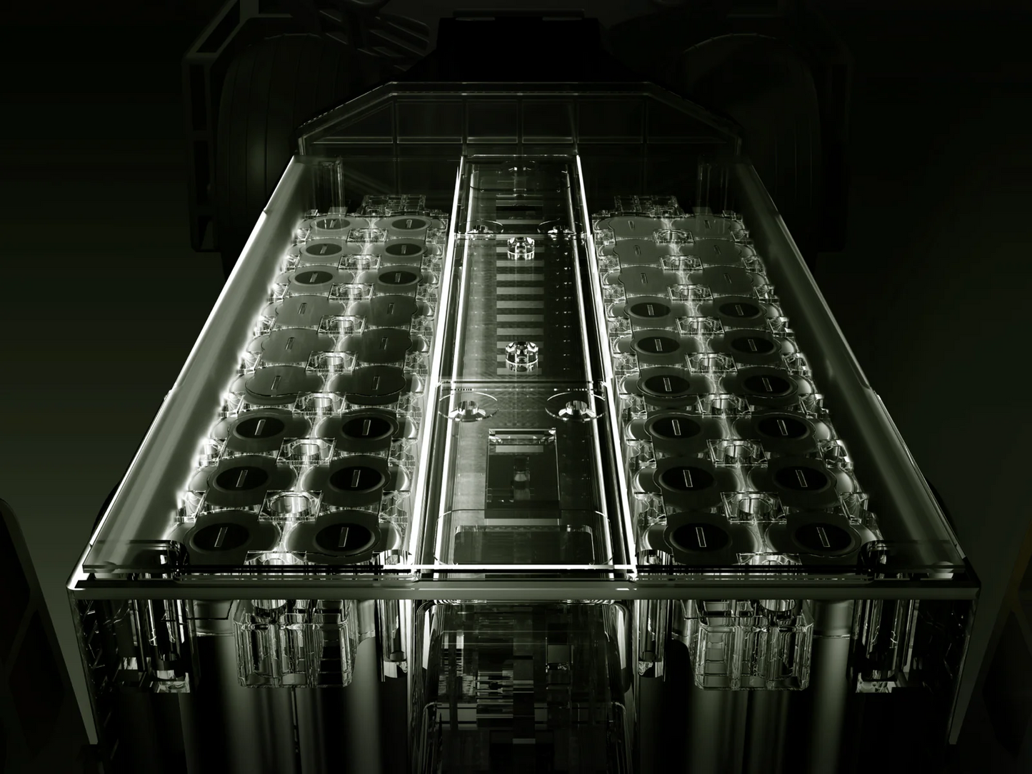A close-up of the Navee Birdie 3X by Navee shows transparent battery cells in rows within a metal frame, similar to the advanced power systems used in electric auto-follow golf carts on Tampa Bay courses.