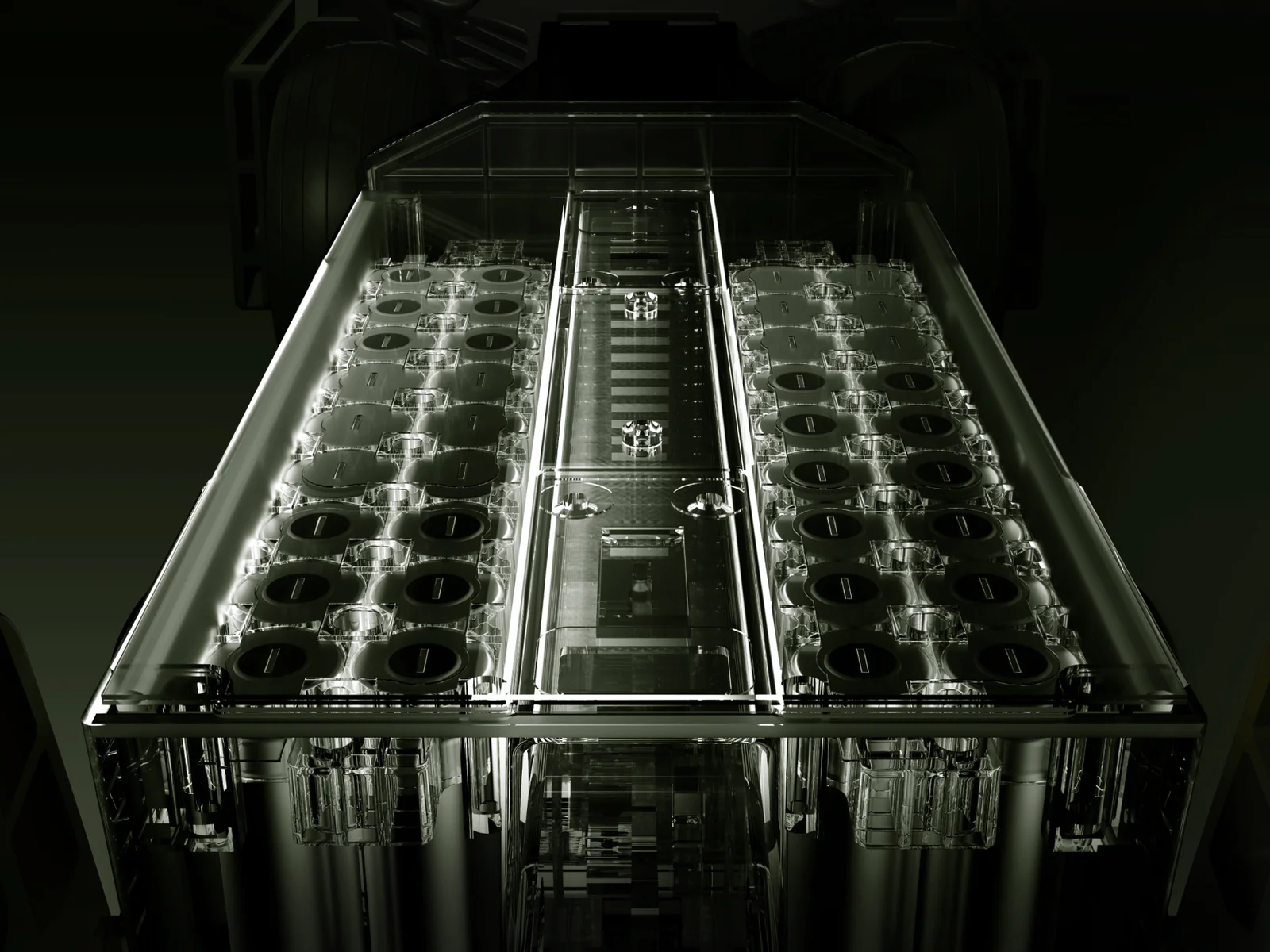 A close-up of the Navee Birdie 3X by Navee shows transparent battery cells in rows within a metal frame, similar to the advanced power systems used in electric auto-follow golf carts on Tampa Bay courses.