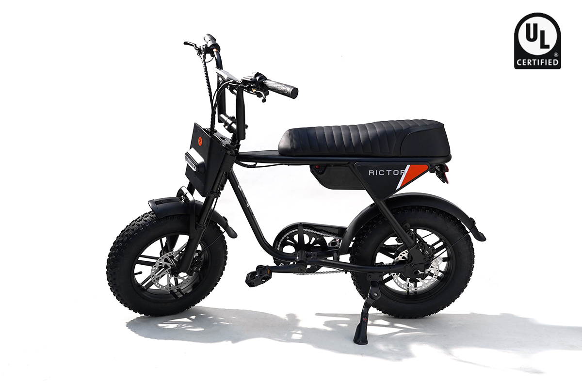 The Rictor - Flexx by Rictor, a black moped-style electric bike with thick tires and a padded seat, is displayed on a white background. The UL Certified logo is visible in the upper right corner.