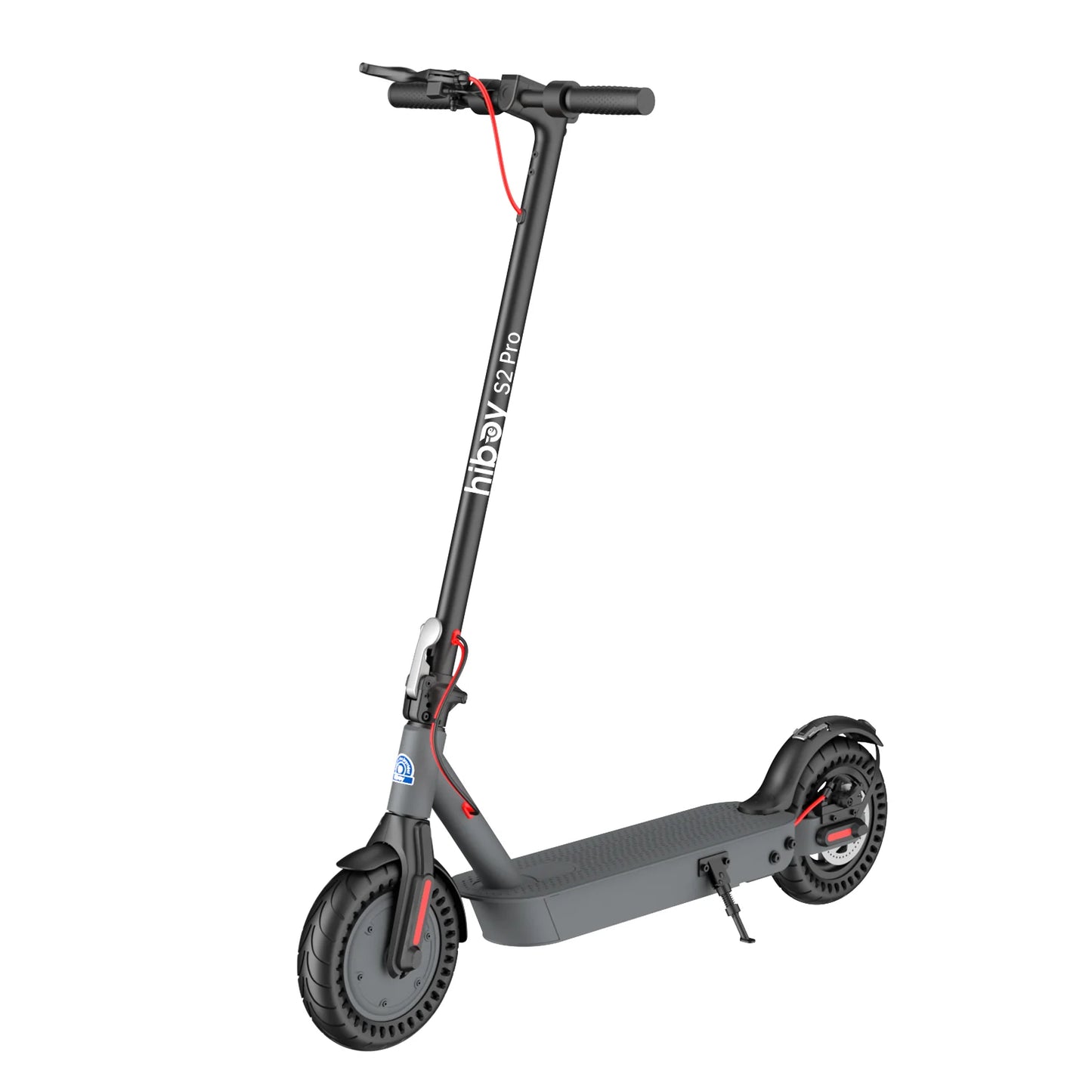 The Hiboy - S2 Pro Electric Scooter features a sleek black and gray color scheme with striking red accents. Perfect for daily commuting, it includes a convenient kickstand and is labeled "Hiboy," ensuring you travel in style with its high-performance motor.