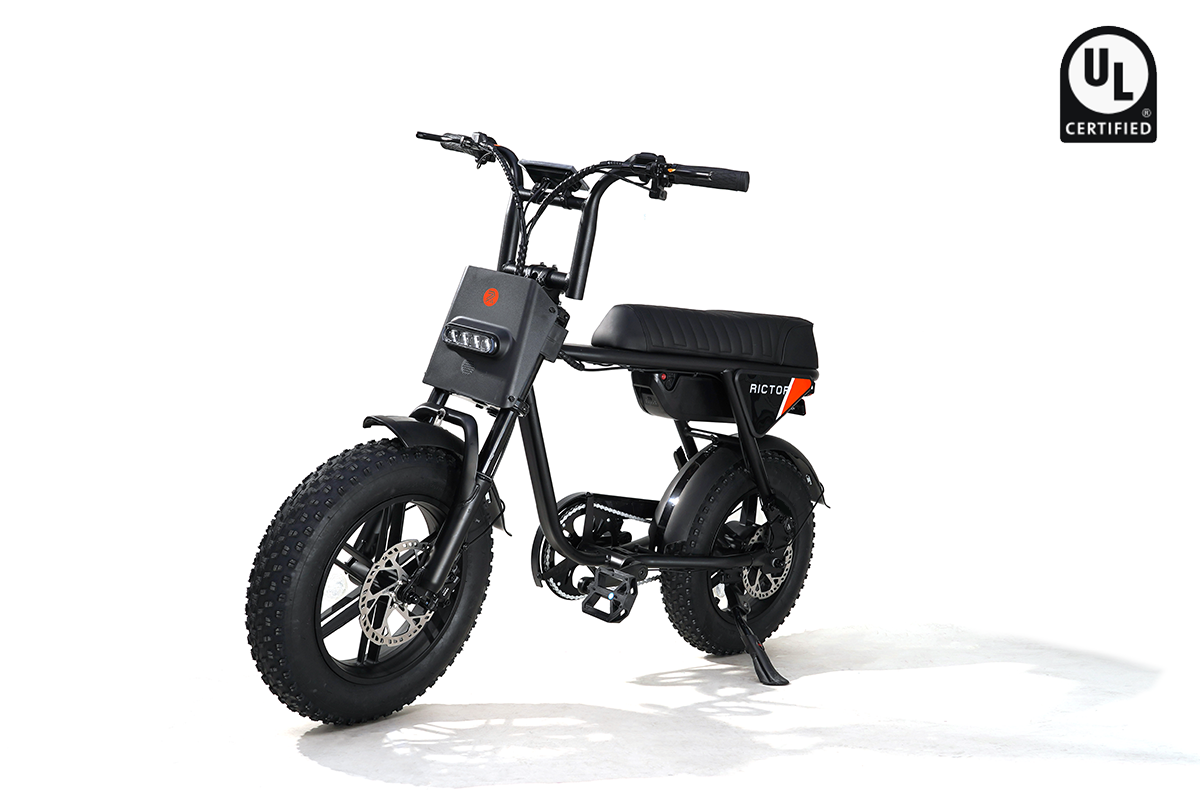 The Rictor - Flexx by Rictor is a black moped-style electric bike with fat tires, a padded seat, and a powerful 750W motor, shown on a white background with a "UL Certified" badge in the top right corner.