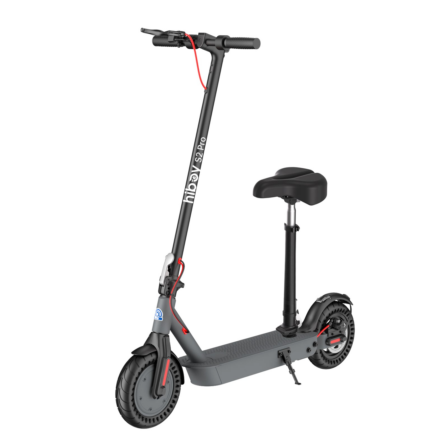 The Hiboy - S2 Pro Electric Scooter features a sleek black frame with red accents and a small seat. Ideal for daily commuting, it boasts a high-performance motor, handlebar controls, and is equipped with front and rear wheels.