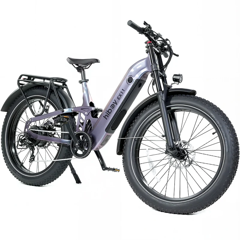 The Hiboy EX11 electric fat-tire commuter bike by Hiboy features a sturdy frame, rear cargo rack, front and rear fenders, front suspension fork, and integrated battery, pictured against a white background.