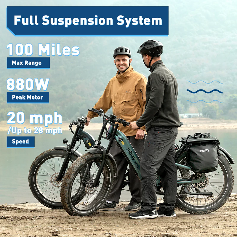 Two people in helmets stand beside the Hiboy - EX11 by a lake, with text highlighting its full suspension, 100-mile range, powerful 750W motor, and speeds up to 28 mph.